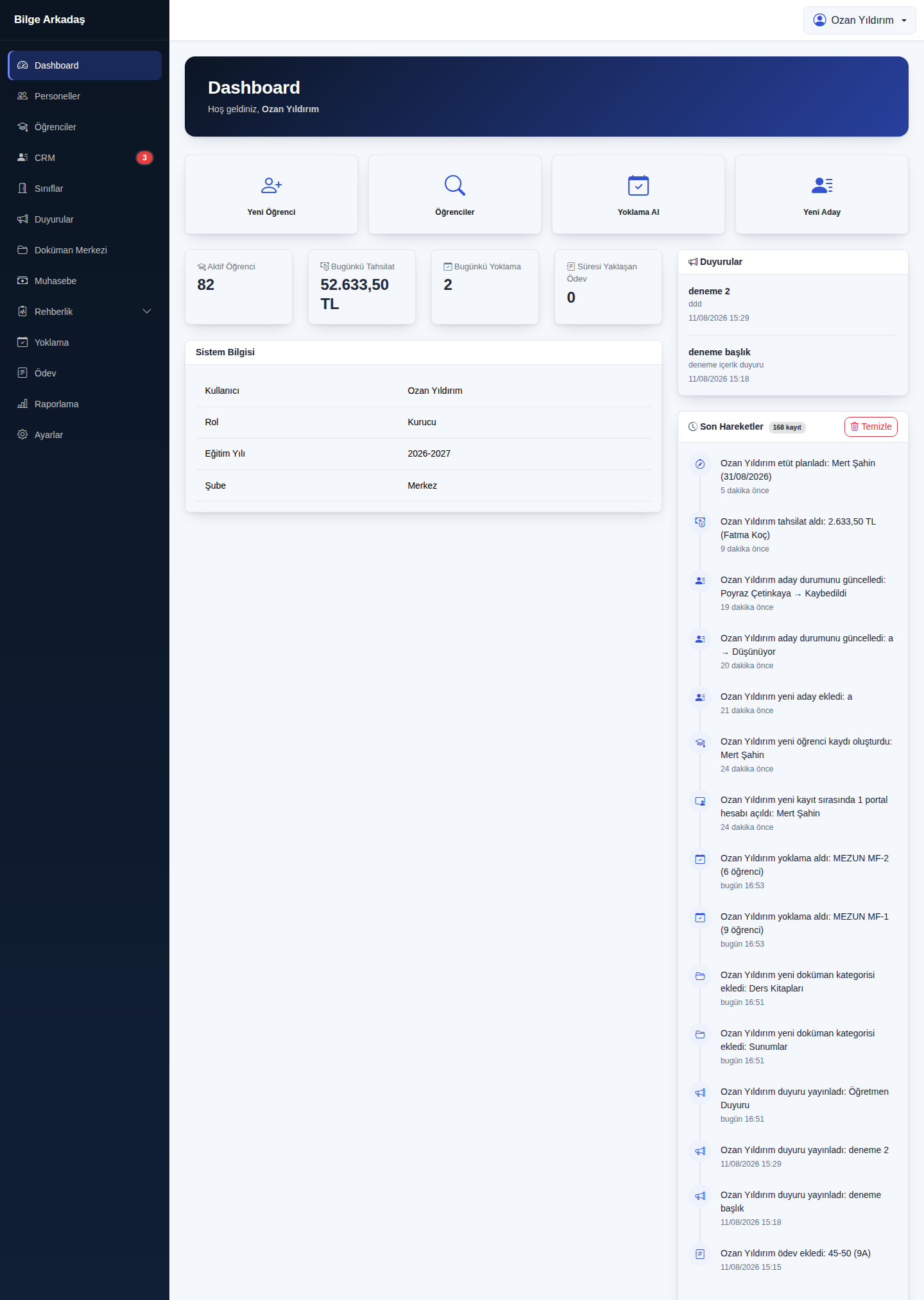 EduSms kurucu paneli — dashboard ekranı
