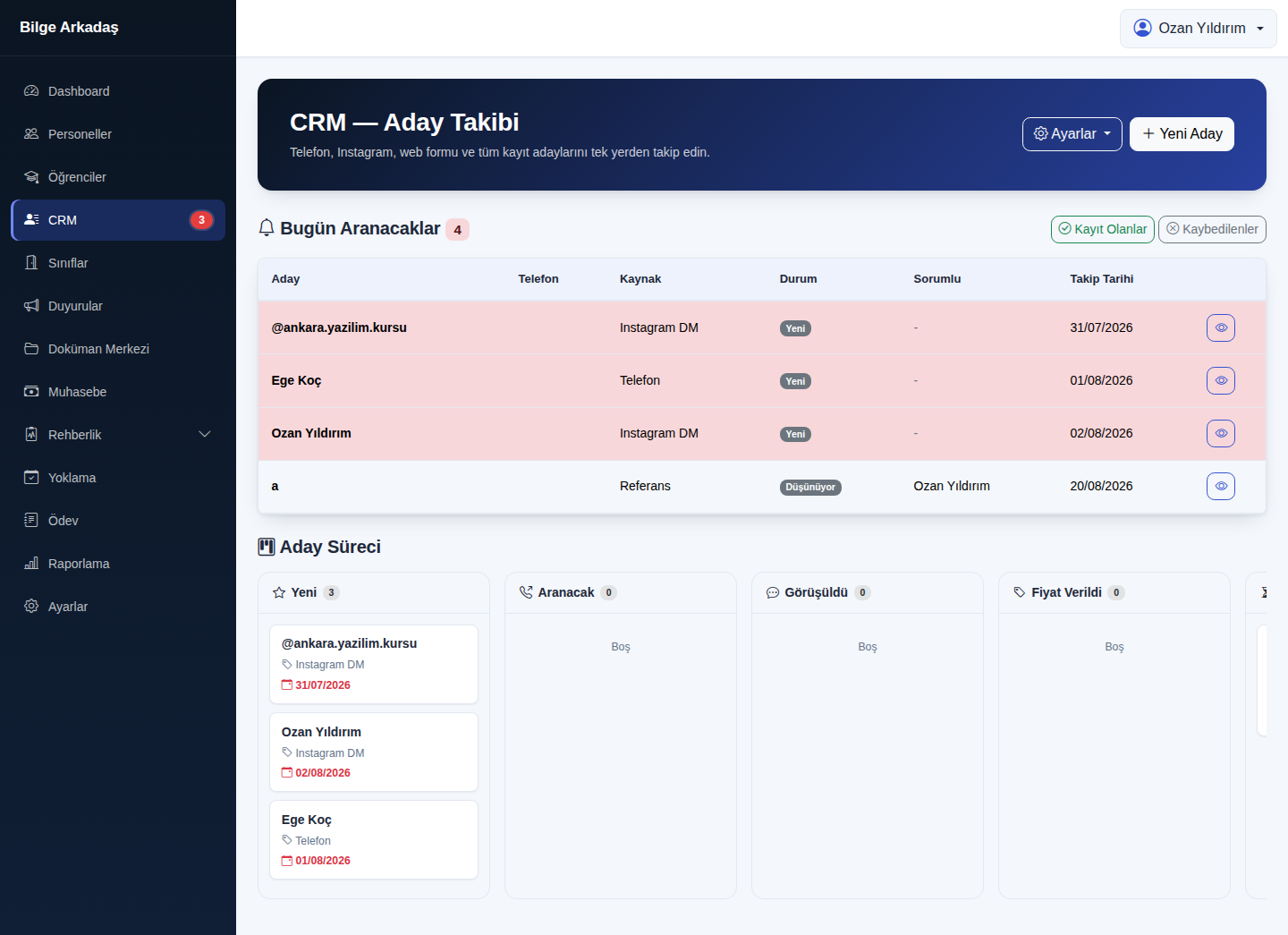 CRM aday takip panosu — bugün aranacaklar ve pipeline görünümü